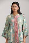 Trendy tokari_Green Cotton Silk Printed Floral Mandarin Collar Embroidered Top And Pant Set _at_Aza_Fashions