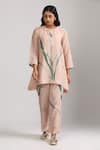 Buy_Trendy tokari_Peach Silk Chanderi Printed Floral Round Sequin Embroidered Kurta And Pant Set _at_Aza_Fashions