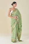 Naintara Bajaj_Green Viscose Floral Handblock Print Saree _Online_at_Aza_Fashions