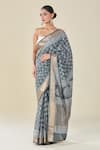 Naintara Bajaj_Gray Viscose Grey Abstract Floral Handblock Print Saree _Online_at_Aza_Fashions