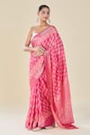 Naintara Bajaj_Pink Viscose Leaf Handblock Printed Saree _Online_at_Aza_Fashions