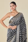 Samyukta Singhania_Black Viscose Abstract Motif Handblock Print Saree _at_Aza_Fashions