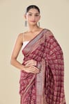 Shop Naintara Bajaj Wine Viscose Floral Butti Handblock Print Saree Shop_Naintara Bajaj_Wine Viscose Floral Butti Handblock Print Saree