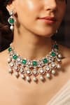 Shop_Joules By Radhika_Green Stones, Pearls And Drop Choker Necklace Set_at_Aza_Fashions