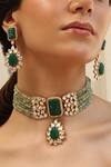Shop_Joules By Radhika_Green Beads, Stones Beaded Embellished Necklace Set_at_Aza_Fashions