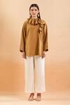 Nidzign Couture_Brown High Neck Ruffle Shirt _Online_at_Aza_Fashions