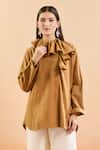 Nidzign Couture_Brown High Neck Ruffle Shirt _at_Aza_Fashions