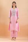 Buy Vrinda By Pundrik Dubey Pink Cotton Pearls, Mirrors, Lace, Embroidery Split Abstract Print Kurta Set Online at Aza Fashions Buy_Vrinda By Pundrik Dubey_Pink Cotton Pearls, Mirrors, Lace, Embroidery Split Abstract Print Kurta Set_Online_at_Aza_Fashions