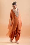 Buy_Prisho_Orange Embroidered Floral V Neck Gota Kaftan And Draped Pant Set _Online_at_Aza_Fashions