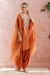 Buy_Prisho_Orange Embroidered Floral V Neck Gota Kaftan And Draped Pant Set _at_Aza_Fashions