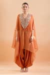 Shop_Prisho_Orange Embroidered Floral V Neck Gota Kaftan And Draped Pant Set 