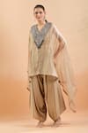 Prisho_Gold Embroidered Floral Kaftan V Neck And Draped Pant Set _Online_at_Aza_Fashions