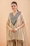 Prisho_Gold Embroidered Floral Kaftan V Neck And Draped Pant Set _at_Aza_Fashions