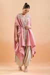 Shop_Prisho_Pink Embroidered Sequin V Neck Kaftan Set With Draped Pant _Online_at_Aza_Fashions