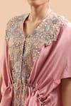 Buy_Prisho_Pink Embroidered Sequin V Neck Kaftan Set With Draped Pant 