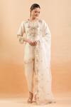Shop_Prisho_Ivory Pearls, Embroidery Round Neck Floral Thread Kurta Set _Online_at_Aza_Fashions