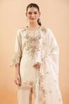 Prisho_Ivory Pearls, Embroidery Round Neck Floral Thread Kurta Set _at_Aza_Fashions