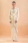 Shop Tarun Tahiliani Ivory Silk Collared Front Tie-up Shirt And Draped Skirt Set Online at Aza Fashions Shop_Tarun Tahiliani_Ivory Silk Collared Front Tie-up Shirt And Draped Skirt Set_Online_at_Aza_Fashions
