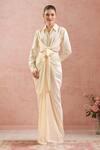 Buy Tarun Tahiliani Ivory Silk Collared Front Tie-up Shirt And Draped Skirt Set at Aza Fashions Buy_Tarun Tahiliani_Ivory Silk Collared Front Tie-up Shirt And Draped Skirt Set_at_Aza_Fashions