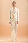 Buy Tarun Tahiliani Ivory Silk Collared Front Tie-up Shirt And Draped Skirt Set Buy_Tarun Tahiliani_Ivory Silk Collared Front Tie-up Shirt And Draped Skirt Set
