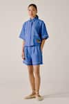 Buy Cord Blue Linen Embroidery Shawl Neck Duck Boxy Shirt And Shorts Set at Aza Fashions Buy_Cord_Blue Linen Embroidery Shawl Neck Duck Boxy Shirt And Shorts Set _at_Aza_Fashions