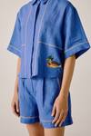Cord Blue Linen Embroidery Shawl Neck Duck Boxy Shirt And Shorts Set at Aza Fashions Cord_Blue Linen Embroidery Shawl Neck Duck Boxy Shirt And Shorts Set _at_Aza_Fashions