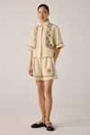 Buy_Cord_Ivory Linen Embroidery Shawl Neck Floral Vine Shirt And Shorts Set _at_Aza_Fashions