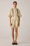 Buy_Cord_Ivory Linen Embroidery Shawl Neck Floral Vine Shirt And Shorts Set _Online_at_Aza_Fashions