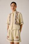 Shop_Cord_Ivory Linen Embroidery Shawl Neck Floral Vine Shirt And Shorts Set _Online_at_Aza_Fashions