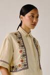 Cord_Ivory Linen Embroidery Shawl Neck Floral Vine Shirt And Shorts Set _at_Aza_Fashions