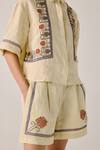 Buy_Cord_Ivory Linen Embroidery Shawl Neck Floral Vine Shirt And Shorts Set 