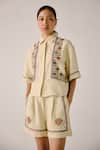 Buy_Cord_Cream Linen Embroidery Shawl Neck Floral Vine Boxy Shirt _at_Aza_Fashions