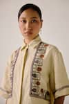Buy_Cord_Cream Linen Embroidery Shawl Neck Floral Vine Boxy Shirt _Online_at_Aza_Fashions