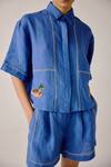 Cord_Blue Linen Embroidery Collared Duck Boxy Shirt _Online_at_Aza_Fashions