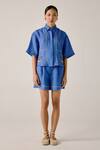 Buy_Cord_Blue Linen Embroidery Collared Duck Boxy Shirt 
