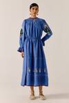 Buy_Cord_Blue Linen Applique, Lace Collared Electric Floral Dress _at_Aza_Fashions