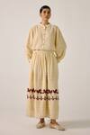 Buy_Cord_Ivory Cotton Embroidery, Lace Mandarin Pintuck Shirt And Block Print Skirt Set _at_Aza_Fashions