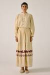 Cord_Ivory Cotton Embroidery, Lace Mandarin Pintuck Shirt And Block Print Skirt Set _at_Aza_Fashions