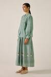 Cord_Blue Cotton Applique, Lace Mandarin Collar Pintuck Shirt And Floral Skirt Set _Online_at_Aza_Fashions