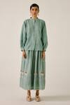 Buy_Cord_Blue Cotton Applique, Lace Mandarin Collar Pintuck Shirt And Floral Skirt Set _Online_at_Aza_Fashions