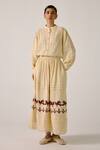 Buy_Cord_Ivory Cotton Embroidery Pintuck Block Print Skirt _at_Aza_Fashions