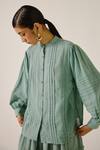 Shop_Cord_Blue Cotton Lace Mandarin Collar Pintuck Insert Shirt _Online_at_Aza_Fashions