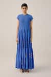 Cord_Blue Linen Applique, Beads Round Neck Electric Tiered Maxi Dress _Online_at_Aza_Fashions