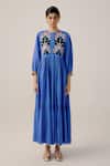 Shop_Cord_Blue Linen Applique, Lace Round Neck Floral Tiered Midi Dress _at_Aza_Fashions