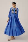 Buy_Cord_Blue Linen Applique, Lace Round Neck Floral Tiered Midi Dress _Online_at_Aza_Fashions