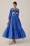 Buy_Cord_Blue Linen Applique, Lace Round Neck Floral Tiered Midi Dress _at_Aza_Fashions