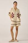 Buy_Cord_Ivory Linen Embroidery, Applique Collared Bird Block Print Shirt And Shorts Set _at_Aza_Fashions