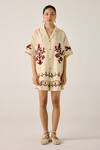 Buy_Cord_Ivory Linen Embroidery, Applique Collared Bird Block Print Shirt And Shorts Set _Online_at_Aza_Fashions