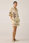 Shop_Cord_Ivory Linen Embroidery, Applique Collared Bird Block Print Shirt And Shorts Set _Online_at_Aza_Fashions