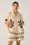 Cord_Ivory Linen Embroidery, Applique Collared Bird Block Print Shirt And Shorts Set _at_Aza_Fashions